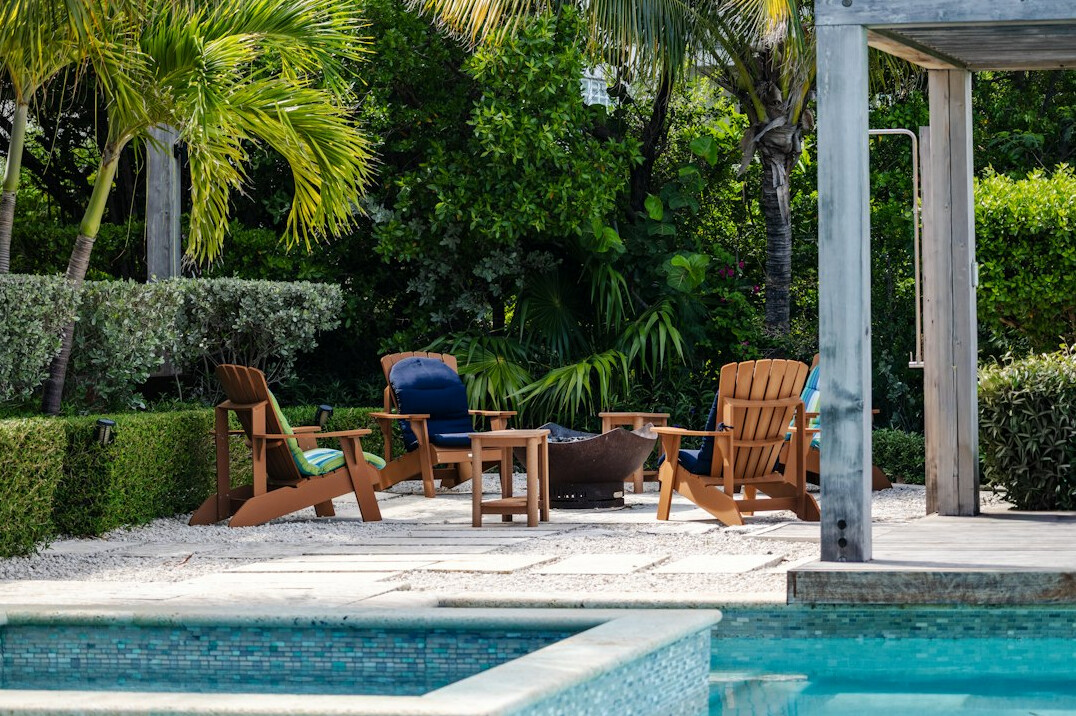 Mediterranean style mansion garden terrace with swimming pool