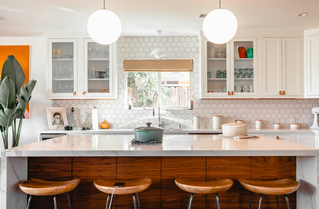 stylish kitchen with marble counters