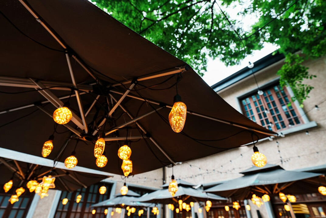 cozy outdoor patio with lights