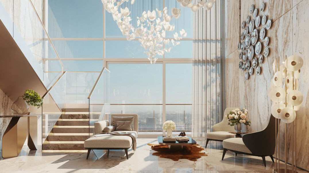 Grand 1980s celebrity mansion living room with marble floors and a crystal chandelier
